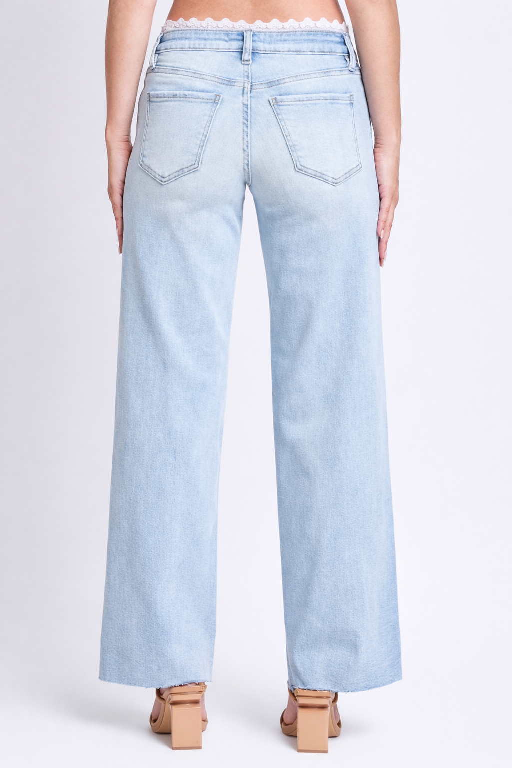 Women's Lace Trim Wide Leg Jeans- Mid Rise Stretch Denim