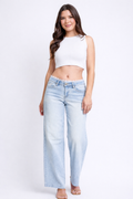 Women's Lace Trim Wide Leg Jeans- Mid Rise Stretch Denim