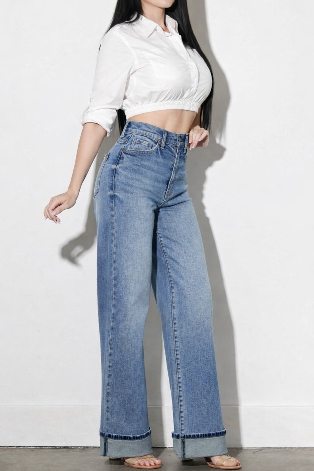 Stone Edge Cuffed Wide Leg Jeans