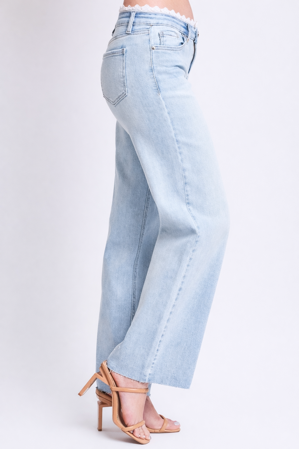 Women's Lace Trim Wide Leg Jeans- Mid Rise Stretch Denim