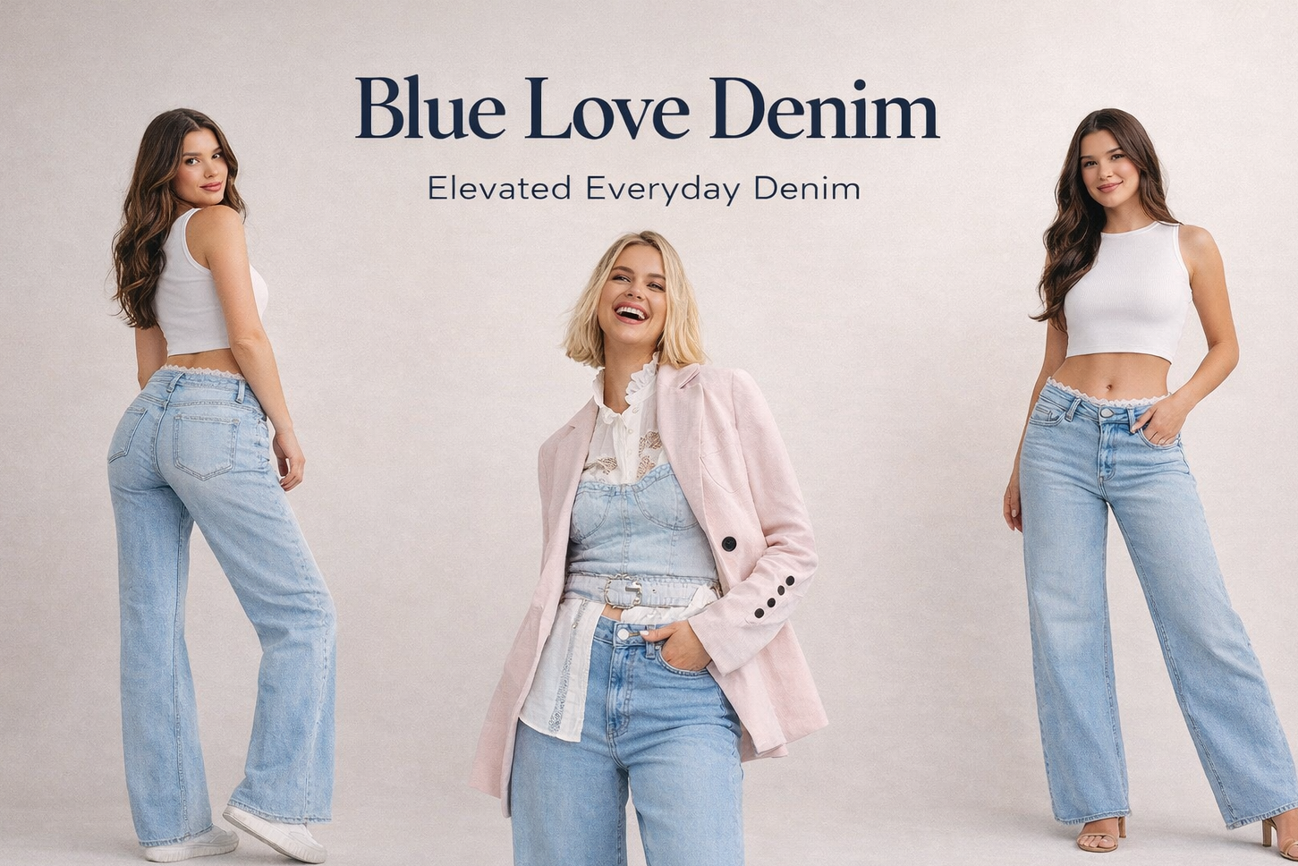 Three women wearing light blue jeans with 'Blue Love Denim' branding on a plain background.