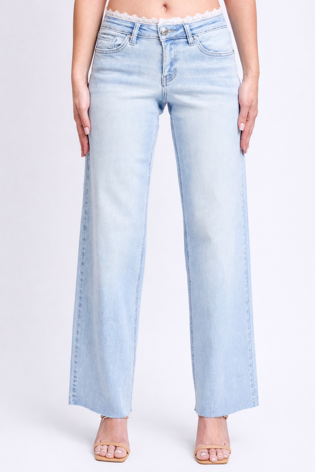Women's Lace Trim Wide Leg Jeans- Mid Rise Stretch Denim